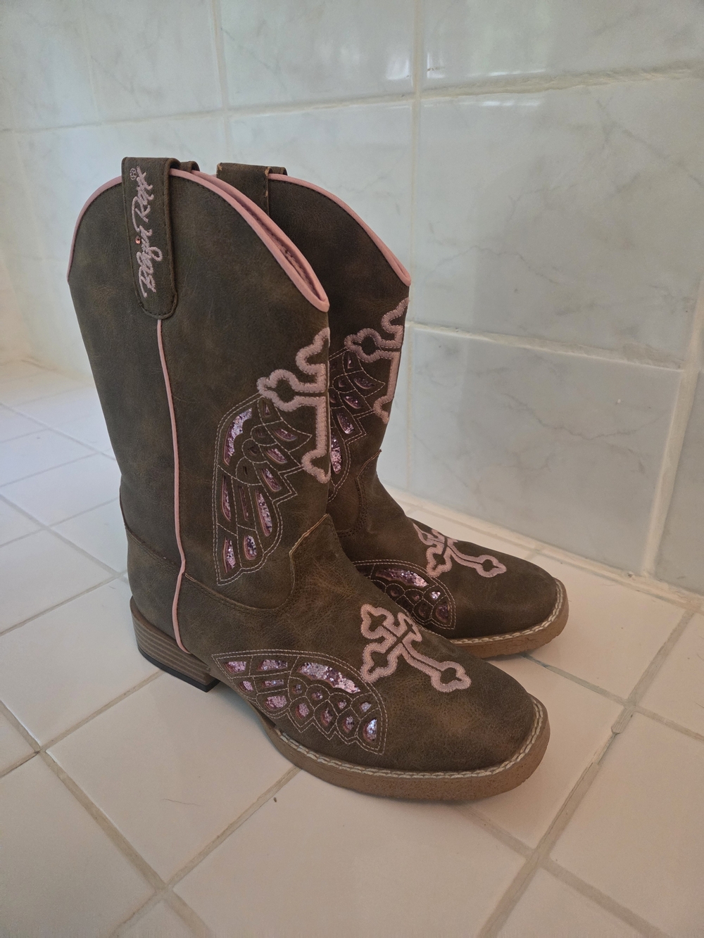 Blazin Roxx Brown Suede Cowboy Boots with Pink Trim